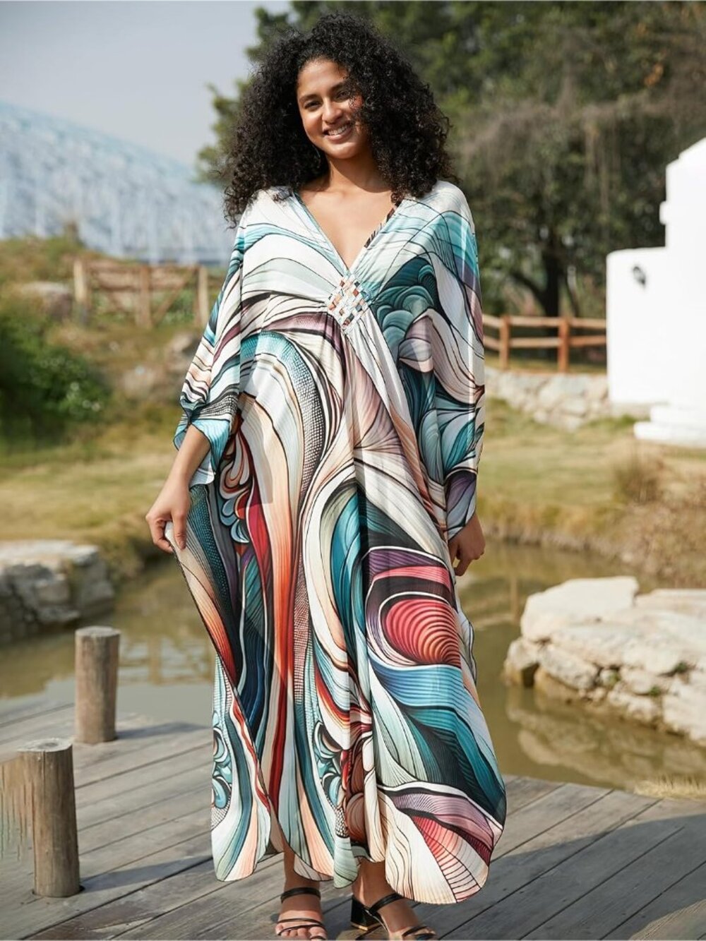 Women's Abstract Color Lines Batwing Sleeve Beach Cover Up Loose-Fit Boho Kaftan - Picture 5 of 6